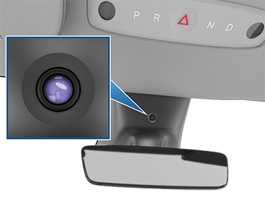 Riquadro di ingrandimento con l'obiettivo di una telecamera e l'indicazione della sua posizione sopra lo specchietto retrovisore