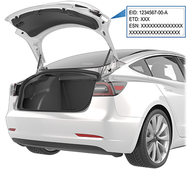 Rear trunk open with an arrow pointing to label on liftgate