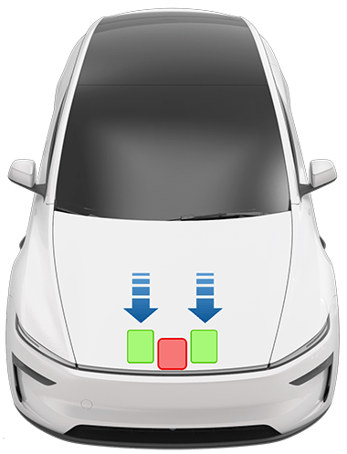 Arrows pointing to two green boxes on either side of the center front edge of the front hood. A red box on the center front edge of the hood.