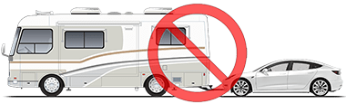 Model 3 being transported with all four wheels on ground behind an RV and a red "X" to indicate this should not be performed.