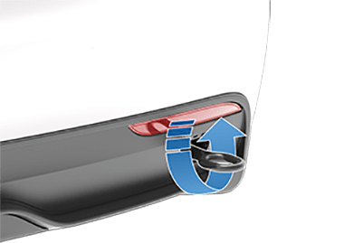 Rear of vehicle with arrow indicating to turn the tow eye counter-clockwise to secure it.