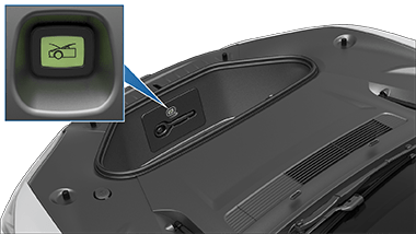 A button inside the front trunk with an image of a car with its trunk open