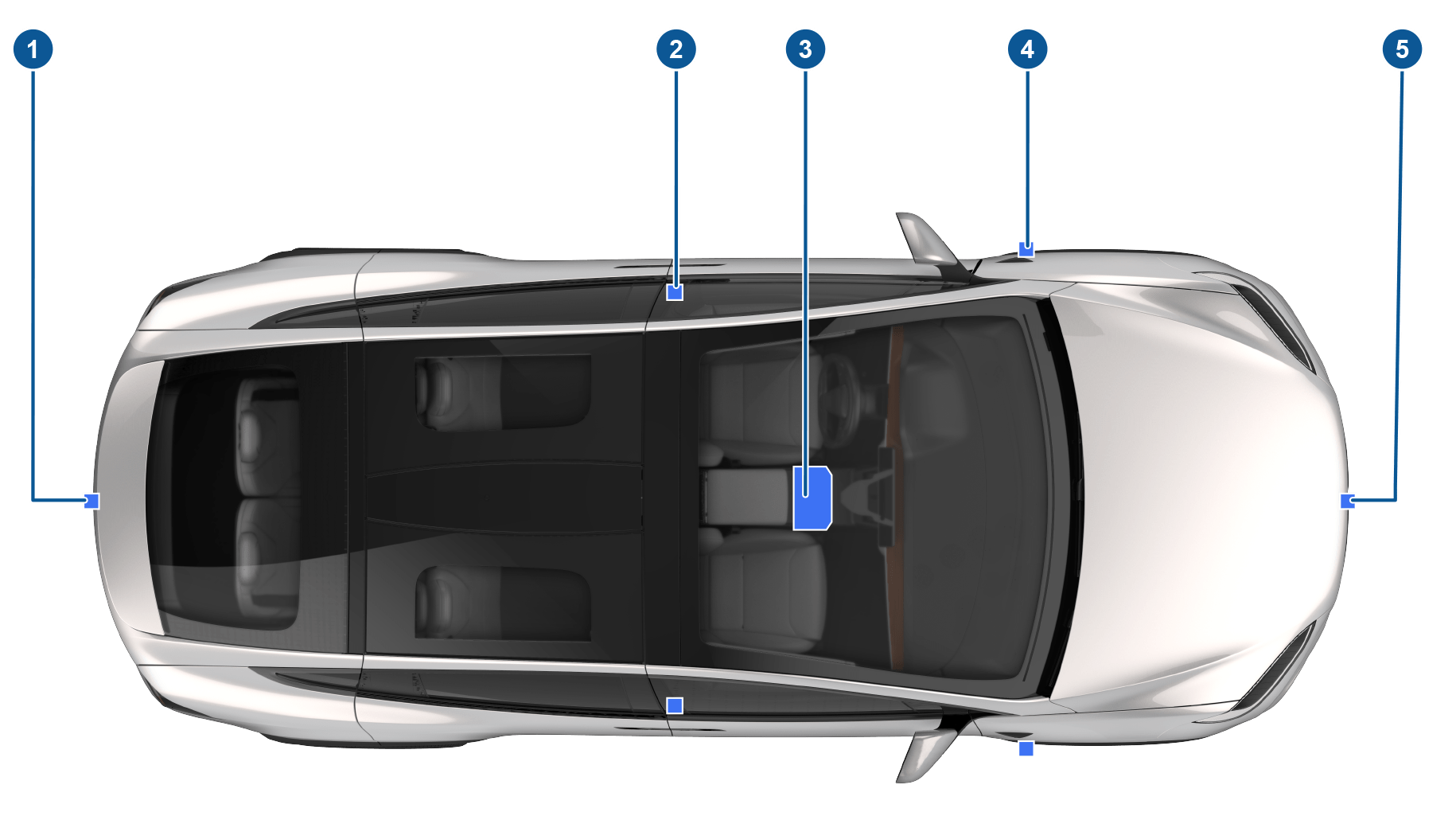 Popisky znázorňující umístění součástí systému Autopilot ve vozidle