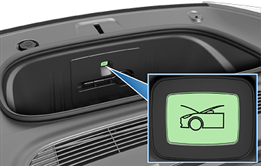 A button inside the front trunk with an image of a car with its trunk open