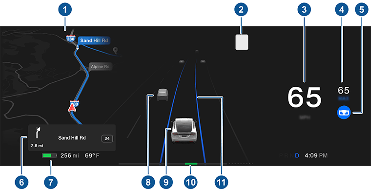 Umístění ikon a prvků na přístrojovém panelu jedoucího vozu Model X