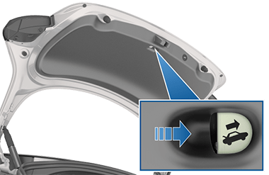 Button with icon of car with trunk open and a blue arrow pointing left