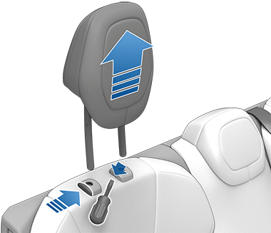 An arrow pointing to a button on the head support base, a screwdriver positioned on the inside head support base, with an arrow pointing up on the head support cushion