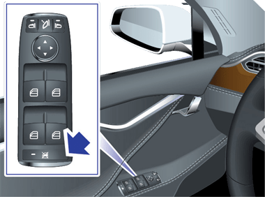 Arrow pointing to the rear window lock switch on the driver's door