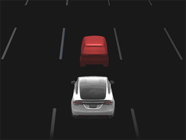 Snímek obrazovky s červeně zvýrazněným vozidlem detekovaným před vozem Tesla