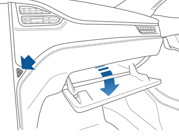 グローブボックスの開き方を示す矢印を含む画像。
