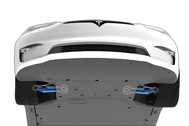 View of the front underside of the vehicle with the lower suspension arms highlighted in blue.