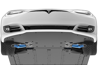 View of the front underside of the vehicle with the lower suspension arms highlighted in blue.