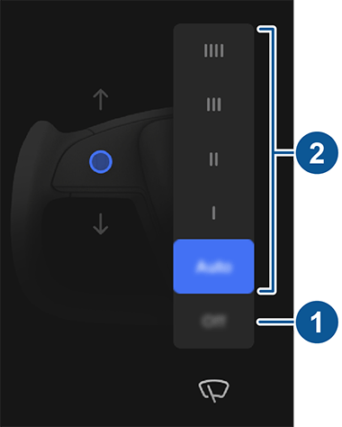 Modrý kruh se šipkami směřujícími nahoru a dolů vedle sloupce ikon stěračů