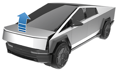 Imagen del Cybertruck con una flecha que indica la apertura del maletero delantero