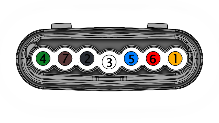 Image showing the built-in seven-way wiring connector and a callout to each terminal.