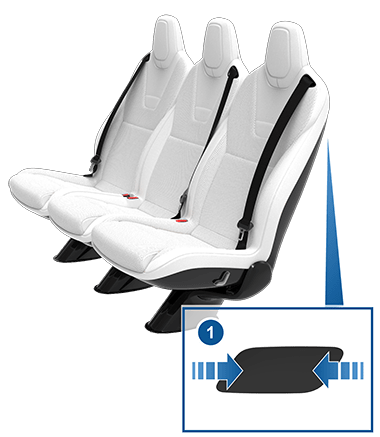 Second row seats with a zoombox pointing a button on the rear outside of the seat