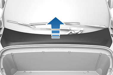 Front trunk access panel with blue arrow pointing up