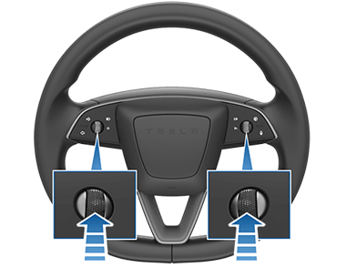 Steering wheel with zoombox of up arrows pointing at the left and right scroll buttons.
