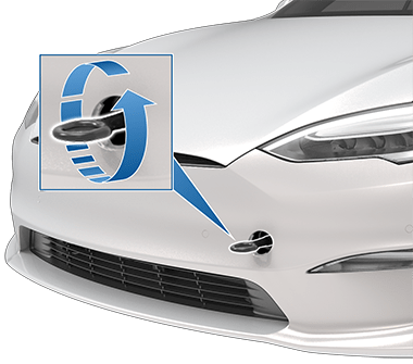 Front of vehicle with a zoombox and arrow indicating to turn the tow eye counter-clockwise to secure it.