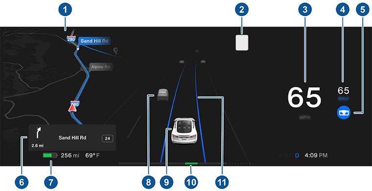 Icon and element locations on Model S instrument panel when driving