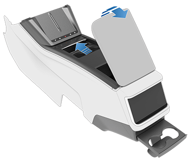 Středová konzola s jednou šipkou znázorňující postup posunutí dvířek přihrádky a další šipkou znázorňující postup zvednutí loketní opěrky a odkrytí přihrádek