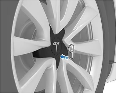 Arrow pointing from the lug nut tool to the hole on the lug nut cover