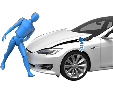 歩行者ダミーと衝突した車両（矢印はフードの盛り上がりを示す）。