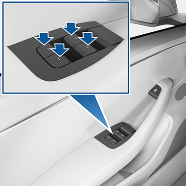 Arrows pointing to the four window switches on the driver's door
