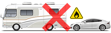 Model S being transported with all four wheels on ground behind an RV and a red "X" to indicate this should not be performed.