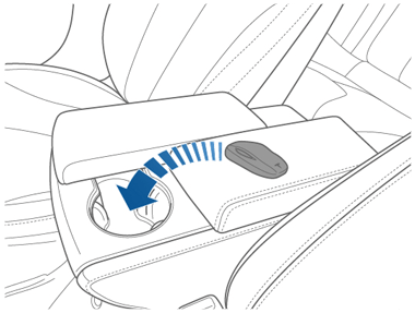 カップ ホルダーを示す矢印のあるセンター コンソールのキー フォブ
