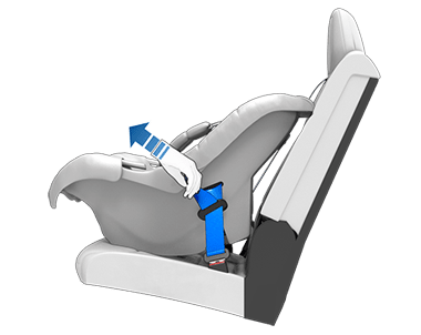 Child seat with hand pulling on seat belt