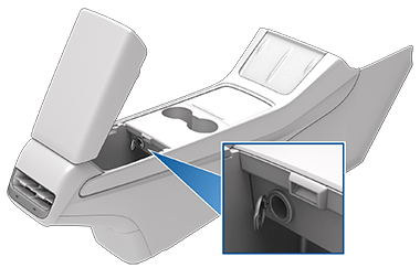 Zoombox showing the location of the power outlet within the center console.