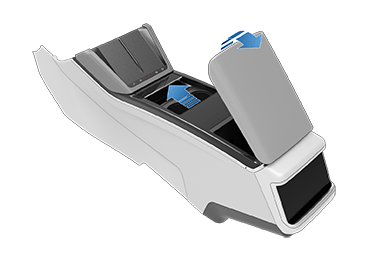 Center console with one arrow showing how to slide compartment door and another arrow showing how to lift arm rest to reveal compartments