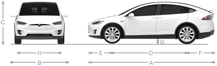 Front and side vehicle views with lines depicting measurements