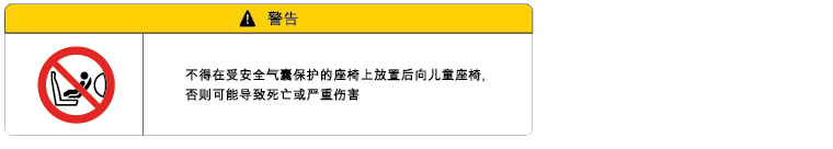 Airbag warning label located on the sun visor with a child seat depicted in a front seat with a red circle-backslash