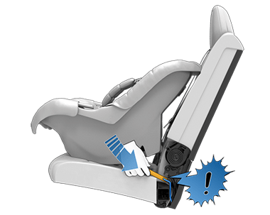 A child seat sliding into place with a speech bubble with an exclamation point in it, pointing to the anchor bar