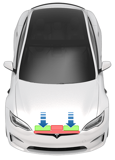 Arrows pointing to two green boxes on either side of the center front edge of the front hood. A red box on the center front edge of the hood.
