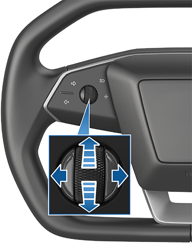 Volante con detalle ampliado en el que se muestra el botón de desplazamiento izquierdo con flechas azules apuntando hacia arriba, hacia abajo, hacia la izquierda y hacia la derecha