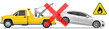 Model S being towed with front wheels on ground and rear wheels lifted by a tow truck and a red "X" to indicate this should not be performed.