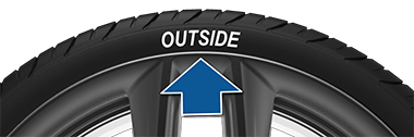 Arrow pointing to the word "Outside" on a tire sidewall