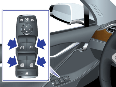 Arrows pointing to the four window switches on the driver's door