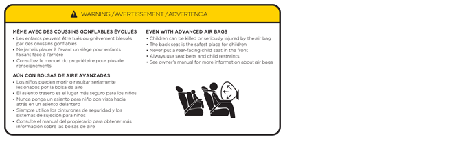 Airbag warning label located on the sun visor that depicts a child seated in the second row and a passenger with a deployed air bag seated in the first row