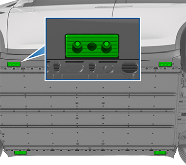 View from under vehicle with lift points shown in green and areas to avoid shown in red.