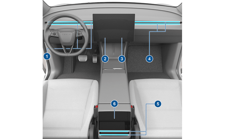Interior view of front and rear cabin with callouts