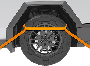 A Cybertruck tire secured using the eight-point tie-down method