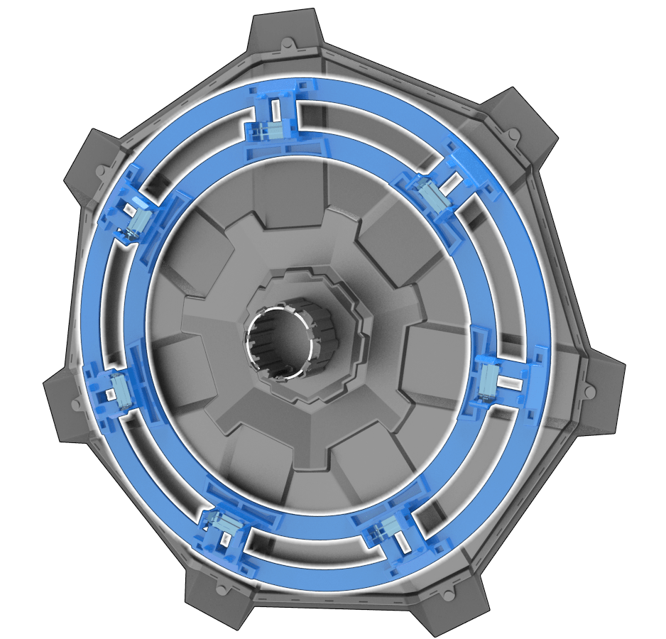 The inside of the wheel cover with the mounting ring highlighted in blue