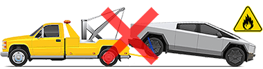 Cybertruck being towed with the front wheels on the ground, with a red X and a fire warning to indicate that this should not be done