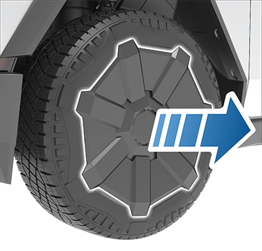 The wheel cover with an arrow pointing outwards away from the wheel