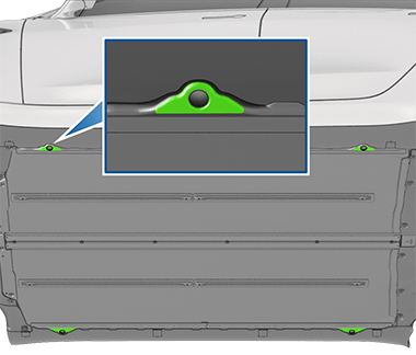 View from under vehicle with lift points shown in green and areas to avoid shown in red.