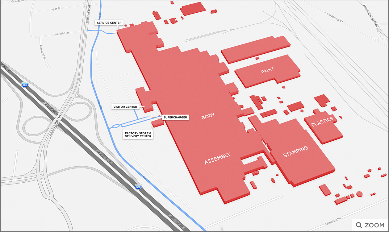 Map of the facilities at the Tesla Factory in Fremont, California